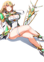 Rule 34 | 1girl, aegis sword (xenoblade), bare legs, bare shoulders, blonde hair, breasts, chest jewel, cleavage, cleavage cutout, clothing cutout, crossed legs, dress, earrings, elbow gloves, gloves, highres, jewelry, large breasts, long hair, mythra (xenoblade), sabanomi soni, short dress, siebolds demon, swept bangs, thigh strap, thighs, tiara, very long hair, white dress, white footwear, white gloves, xenoblade chronicles (series), xenoblade chronicles 2, yellow eyes
