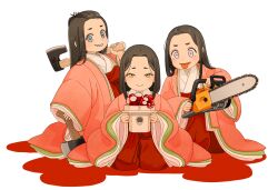 Rule 34 | 3girls, akai sashimi, axe, bangs pinned back, blue eyes, brown hair, chainsaw, closed mouth, commentary request, forehead, full body, grin, hakama, hinamatsuri, holding, holding axe, holding chainsaw, japanese clothes, kimono, layered clothes, layered kimono, long hair, long sleeves, looking at viewer, matching outfits, multiple girls, original, purple eyes, red hakama, sanbou, seiza, simple background, sitting, smile, suction cups, tentacles, tongue, tongue out, white background, wide sleeves, yellow eyes