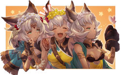 Rule 34 | 3girls, animal ears, animal hands, armlet, backless outfit, between breasts, blush, bored, bracelet, breasts, bug, butterfly, closed eyes, dark-skinned female, dark skin, erune, facial mark, felluca, flower, forehead mark, gloves, granblue fantasy, green eyes, green hair, hair flower, hair ornament, hand on another&#039;s shoulder, happy, highres, insect, jewelry, leaf hair ornament, long hair, melleau, multiple girls, nemone, nervous, notice lines, official art, open mouth, parted lips, paw gloves, short hair, siblings, single glove, sisters, small breasts, strap between breasts, tattoo, upper body