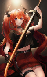 Rule 34 | 1girl, absurdres, alternate hairstyle, arknights, arm up, backlighting, belt, belt buckle, black gloves, black shirt, buckle, closed mouth, collar, crop top, cross, cross necklace, eyebrows hidden by hair, ggz (gguzal 95), gloves, highres, holding, holding sword, holding weapon, horns, jewelry, light particles, lipstick, long hair, looking at viewer, makeup, miniskirt, necklace, official alternate costume, purple eyes, red hair, red skirt, shirt, short sleeves, single glove, sitting, skirt, smile, solo, surtr (arknights), surtr (liberte echec) (arknights), sword, thigh strap, twintails, very long hair, weapon