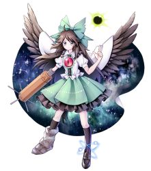 Rule 34 | 1girl, arm cannon, asymmetrical footwear, bird wings, black feathers, black footwear, black hair, black legwear, black wings, blouse, bow, cape, closed mouth, collared shirt, feathered wings, feathers, frilled skirt, frills, green bow, green eyes, green skirt, hair bow, highres, long hair, looking at viewer, mismatched footwear, miy 001, pointing, pointing up, puffy short sleeves, puffy sleeves, red eyes, reiuji utsuho, shirt, short sleeves, simple background, skirt, smile, solo, starry sky print, third eye, touhou, weapon, white background, white cape, white shirt, wings