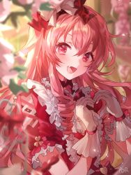 Rule 34 | 1girl, bow, fang, frills, gloves, hair bow, heart, heart hands, highres, himitsu no valentine daisakusen! (project sekai), long hair, momoi airi, open mouth, pink eyes, pink hair, por ( por tt), project sekai, smile, solo, two side up, white gloves