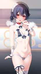 Rule 34 | 1girl, :d, bare shoulders, black bow, black bra, black hair, black ribbon, blush, bow, bow bra, bow panties, bra, breasts, bridal garter, buckle, collar, covered erect nipples, cowboy shot, detached collar, hair bun, highres, idolmaster, idolmaster shiny colors, looking at viewer, maid headdress, morino rinze, nail polish, navel, okuri banto, open mouth, panties, red eyes, red nails, ribbon, short hair, single hair bun, small breasts, smile, solo, stomach, thighhighs, underwear, underwear only, white panties, white thighhighs