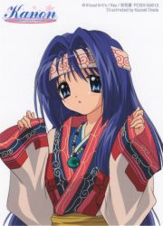 Rule 34 | 1girl, :o, blue eyes, blue hair, blush, breasts, hands up, ikeda kazumi, japanese clothes, jewelry, kanon, kimono, long hair, long sleeves, looking at viewer, matching hair/eyes, medium breasts, minase nayuki, necklace, parted lips, portrait, simple background, solo, upper body, white background, wide sleeves