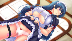 Rule 34 | 1girl, ass, blue hair, blush, bow, bow panties, bowtie, breasts, clothes lift, dress, dress lift, dutch angle, frills, highres, large breasts, long hair, looking away, looking to the side, maid, oniku (kusomushi onick), open mouth, original, panties, pink panties, purple eyes, pussy juice stain, ribbon-trimmed sleeves, ribbon trim, sex toy, short sleeves, solo, thigh strap, underboob, underwear, vibrator, vibrator under clothes, vibrator under panties, window