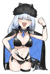 1girl animal_ears bikini black_bikini black_hat black_jacket blush bracelet breasts cat_ears cat_girl cleavage closed_eyes detached_collar dobrynya_nikitich_(fate) dobrynya_nikitich_(swimsuit_lancer)_(fate) dobrynya_nikitich_(swimsuit_lancer)_(first_ascension)_(fate) fang fate/grand_order fate_(series) fur-trimmed_headwear fur_trim hat highres jacket jacket_on_shoulders jewelry large_breasts long_hair navel necktie nyokinyoki_18 open_mouth smile solo swimsuit thighs white_hair