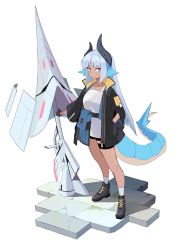 Rule 34 | 1girl, absurdres, azuumori, blunt bangs, crack, dragon girl, dragon horns, dragon tail, full body, hand in pocket, highres, holding, holding weapon, horns, original, simple background, solo, standing, tail, weapon, white background, yellow eyes