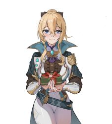 Rule 34 | 1girl, absurdres, belt, black bow, blonde hair, blue belt, blue capelet, blue eyes, blush, bow, box, breasts, brooch, capelet, chinese commentary, commentary request, cowboy shot, genshin impact, gift, gift box, hair between eyes, hair bow, highres, holding, holding box, jean (genshin impact), jean (gunnhildr&#039;s legacy) (genshin impact), jewelry, large breasts, leggings, long hair, looking at viewer, pants, paradox (parapa), simple background, smile, solo, standing, white background, white pants