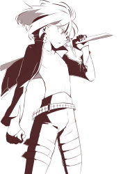 Rule 34 | 1boy, aus vaka, belt, black jacket, clenched hand, gloves, greyscale, highres, holding, holding sword, holding weapon, jacket, lio fotia, male focus, monochrome, nipples, promare, short hair, sidelocks, simple background, solo, standing, sword, topless male, weapon, white background
