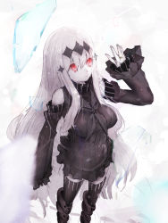 Rule 34 | 10s, 1girl, abyssal ship, aircraft carrier water oni, armor, armored boots, bare shoulders, boots, breasts, colored skin, detached sleeves, dress, female focus, gradient background, jewelry, kantai collection, knee boots, large breasts, long hair, parted lips, re (tori), red eyes, ring, sailor dress, short dress, sleeves past wrists, solo, tears, thighhighs, very long hair, wedding band, wedding ring, white hair, white skin, zettai ryouiki