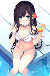 Rule 34 | 1girl, ao no neko, bare shoulders, bikini, black hair, blue eyes, breasts, brown flower, collarbone, cup, drinking glass, flower, frilled bikini, frills, hair between eyes, hair flower, hair ornament, hands up, highres, holding, holding cup, holding spoon, long hair, looking at viewer, medium breasts, navel, original, parted lips, red flower, soaking feet, solo, spoon, swimsuit, very long hair, water, white bikini