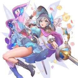 Rule 34 | 10s, 1girl, absurdres, anastasia (idolmaster), bad id, bad twitter id, blue eyes, boots, cape, dress, elbow gloves, flower, gloves, granblue fantasy, granblue fantasy (style), hat, high heel boots, high heels, highres, holding, holding weapon, idolmaster, idolmaster cinderella girls, jewelry, knee boots, necklace, rapier, revision, scabbard, sheath, short dress, short hair, shoulder pads, silver hair, smile, solo, sparkle, sword, teffish, weapon