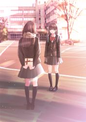 Rule 34 | 2girls, arms behind back, bad id, bad pixiv id, bare tree, black footwear, black jacket, black skirt, black socks, blazer, blurry, blush, bow, box, brown eyes, brown hair, brown scarf, chikuwa (odennabe), chromatic aberration, day, depth of field, enpera, full body, gift, gift box, holding, holding gift, jacket, kneehighs, lens flare, loafers, long hair, long sleeves, multiple girls, open mouth, original, outdoors, pigeon-toed, pleated skirt, red bow, red neckwear, road, scarf, school uniform, shoes, skirt, sleeves past wrists, socks, standing, street, sunlight, tree, valentine, yuri