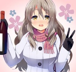 Rule 34 | 10s, 1girl, 9law, :d, blush, bottle, brown hair, coat, commentary request, drunk, eyebrows, floral background, gloves, jacket, kantai collection, long hair, looking at viewer, no headwear, no headwear, nose blush, open mouth, pink background, pola (kancolle), scarf, smile, solo, upper body, v, wine bottle, yellow eyes