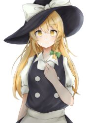 Rule 34 | 1girl, absurdres, apron, beniko (pixiv 33721549), black vest, blonde hair, bow, braid, closed mouth, commentary, expressionless, green bow, hair bow, hat, hat bow, highres, kirisame marisa, long hair, looking at viewer, side braid, simple background, single braid, solo, touhou, vest, waist apron, white background, white bow, witch hat, yellow eyes
