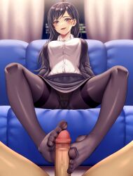 Rule 34 | 1girl, asisuki, black hair, cameltoe, couch, feet, footjob, highres, light blush, long hair, looking at viewer, office lady, open mouth, original, panties, panties under pantyhose, pantyhose, pantyshot, soles, toes, underwear
