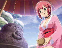 Rule 34 | 1girl, absurdres, breasts, cleavage, green eyes, highres, japanese clothes, kimono, large breasts, oil-paper umbrella, pink hair, rio rollins, short hair, smile, solo, super blackjack, umbrella