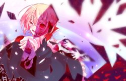Rule 34 | 1girl, ;d, bad id, bad pixiv id, blonde hair, blood, blood on face, breaking, dark persona, fang, frilled skirt, frills, gradient background, hair ribbon, highres, kuroyume (dark495), one eye closed, open mouth, red eyes, ribbon, rumia, shatter, shirt, short hair, skirt, skull, smile, touhou, vest