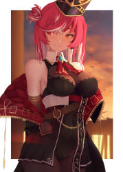Rule 34 | 1girl, absurdres, bare shoulders, black gloves, black jacket, black leotard, black pantyhose, blush, breasts, cleavage, closed mouth, covered navel, elbow gloves, gloves, hair between eyes, hair bun, hat, heterochromia, highres, hololive, houshou marine, houshou marine (marching band), jacket, large breasts, leotard, long sleeves, looking to the side, multicolored hair, off shoulder, pantyhose, red eyes, red hair, revil0l, ribbon, sailor hat, see-through, see-through cleavage, smile, streaked hair, thighs, virtual youtuber, white hair, yellow eyes