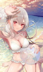 Rule 34 | 1girl, ball, beach, bikini, blue sky, breasts, closed mouth, foot out of frame, frilled bikini, frills, grey hair, highres, holding, holding ball, horizon, ito lab, large breasts, looking at viewer, nail polish, navel, ocean, orange sky, original, red eyes, sand, sitting, sky, swimsuit, tears, wariza, white bikini, white hair, white wrist cuffs, wrist cuffs