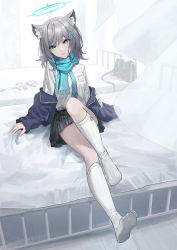 Rule 34 | 1girl, absurdres, animal ear fluff, animal ears, assault rifle, bag, bed, blazer, blouse, blue archive, blue eyes, blue jacket, blue scarf, breast pocket, cross hair ornament, curtains, full body, grey hair, grey skirt, gun, hair ornament, halo, highres, hospital bed, id card, indoors, jacket, knee up, kneehighs, long sleeves, looking at viewer, medium hair, mismatched pupils, nekoreito, no shoes, off shoulder, on bed, plaid, plaid skirt, pocket, revision, rifle, scarf, shiroko (blue archive), shirt, sig sauer, sig sauer 556, skirt, smile, socks, solo, striped clothes, striped scarf, weapon, white background, white shirt, white socks, wolf ears