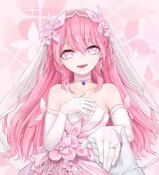 Rule 34 | 1girl, abstract background, bare shoulders, bride, choker, dress, earrings, elbow gloves, elsword, gloves, hand on own chest, holding hands, jewelry, laby (elsword), long hair, monko (liangliang), pink background, pink dress, pink eyes, pink hair, pink theme, ring, sharp teeth, smile, solo focus, strapless, strapless dress, symbol-shaped pupils, teeth, upper body, veil, wedding dress, white gloves