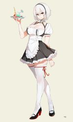 Rule 34 | 1girl, absurdres, anchor choker, apron, arm behind back, azur lane, breasts, choker, cleavage, collarbone, commentary request, dickbomber, food, frilled apron, frilled choker, frills, full body, grey background, hair between eyes, hairband, hand up, high heels, highres, holding, holding tray, ice cream, korean commentary, lace-trimmed hairband, lace trim, large breasts, looking at viewer, maid, maid apron, parted lips, puffy short sleeves, puffy sleeves, red eyes, red ribbon, ribbon, ribbon-trimmed legwear, ribbon trim, short hair, short sleeves, signature, silver hair, simple background, sirius (azur lane), smile, solo, standing, tears, thighhighs, tray, waist apron, white apron, white thighhighs