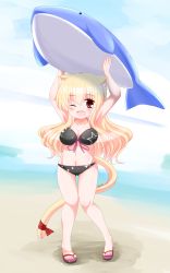 Rule 34 | 1girl, ;d, animal ear fluff, animal ears, armpits, arms up, bare arms, bare shoulders, beach, bikini, black bikini, black footwear, blonde hair, blush, breasts, cat ears, cat girl, cat tail, cleavage, commentary request, fang, front-tie bikini top, front-tie top, gluteal fold, hair between eyes, highres, holding, inflatable toy, inflatable whale, kanijiru, large breasts, long hair, navel, one eye closed, open mouth, original, red eyes, red ribbon, ribbon, sand, sandals, smile, solo, standing, swimsuit, tail, tail ornament, tail ribbon, thigh gap, very long hair