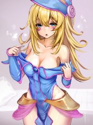 Rule 34 | 1girl, :o, bare shoulders, blonde hair, blue dress, blush, breasts, cleavage, collarbone, cowboy shot, dark magician girl, detached sleeves, dress, duel monster, green eyes, grey background, hat, highres, large breasts, long hair, long sleeves, looking at viewer, monikano, off-shoulder dress, off shoulder, open mouth, pillow, solo, standing, sticker, sweat, wizard hat, yu-gi-oh!