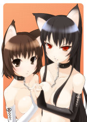 Rule 34 | 2girls, animal ears, bad id, bad pixiv id, black hair, breast press, breasts, bridal gauntlets, brown eyes, brown hair, cat ears, censored, chain, collar, convenient censoring, grey eyes, hair over breasts, holding hands, long hair, medium breasts, multiple girls, nude, ohta yuichi, original, red eyes, short hair, symmetrical docking, topless, upper body, very long hair, yuri