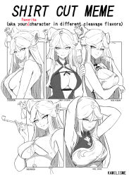 Rule 34 | absurdres, breasts, cleavage, cleavage cutout, clothing cutout, cup, drinking glass, english text, genshin impact, greyscale, highres, kamilisme, large breasts, meme, monochrome, multiple drawing challenge, ningguang (genshin impact), parted bangs, shirt cut meme, simple background, smoking pipe, underboob, white background