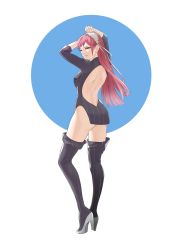 Rule 34 | 1girl, absurdres, ass, back, backless outfit, boots, breasts, cherche (fire emblem), fire emblem, fire emblem awakening, hair ornament, high heels, highres, long hair, looking back, nintendo, pink eyes, pink hair, pomelomelon, small breasts, smile, solo, thigh boots, thighhighs, thighs, white background