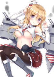 Rule 34 | 10s, 1girl, ascot, bad id, bad pixiv id, blonde hair, blush, boots, bow, braid, breasts, brown pantyhose, cannon, closed mouth, clothing cutout, damaged, detached sleeves, eyebrows, french braid, hand on own head, hat, kantai collection, large breasts, light smile, long hair, long sleeves, looking at viewer, mini hat, miniskirt, navel, pantyhose, purple eyes, red bow, shirt, shirt down, shoulder cutout, skirt, smoke, solo, stomach, torn clothes, torn pantyhose, torn shirt, turret, underboob, white background, yuzu-aki, zara (kancolle)