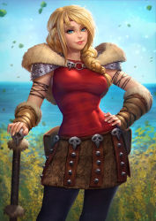 Rule 34 | 1girl, abs, arm warmers, armor, astrid hofferson, blonde hair, blouse, blue eyes, blue sky, braid, breasts, bush, closed mouth, covered abs, cowboy shot, day, fur trim, hair over shoulder, hand on own hip, headband, horizon, how to train your dragon, long hair, looking at viewer, medium breasts, motion blur, narrow waist, neoartcore, o-ring, ocean, outdoors, patreon username, red lips, red shirt, shirt, shoulder armor, single braid, skull, sky, smile, solo, toned, watermark