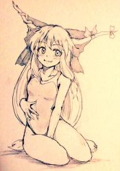 Rule 34 | 1girl, bare legs, barefoot, blush, breasts, collarbone, commentary request, competition swimsuit, covered navel, d-m (dii emu), eyelashes, fangs, greyscale, hand on own stomach, horns, ibuki suika, long hair, looking at viewer, monochrome, one-piece swimsuit, oni horns, sitting, small breasts, swimsuit, touhou, traditional media, yokozuwari