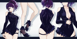 Rule 34 | 1girl, ass, bad id, bad pixiv id, bare shoulders, black footwear, black nails, black one-piece swimsuit, breasts, brown legwear, clothing cutout, collarbone, commentary, diagonal bangs, fishnet legwear, fishnets, frilled legwear, frilled swimsuit, frills, high heels, highres, idolmaster, idolmaster shiny colors, letterboxed, medium breasts, minyom, multiple views, nail polish, one-piece swimsuit, ribbed swimsuit, shoes, shoulder cutout, skindentation, socks, standing, standing on one leg, swimsuit, tanaka mamimi, thigh strap