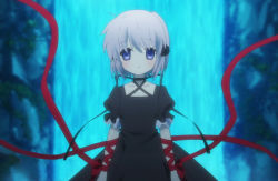 10s 1girl anime_screenshot black_dress dress female_focus kagari_(rewrite) purple_eyes rewrite short_hair silver_hair solo water waterfall