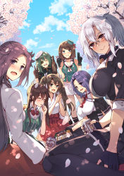 Rule 34 | 6+girls, beret, black gloves, blue eyes, blue sky, bottle, brown hair, capelet, cherry blossoms, closed eyes, cloud, commentary request, dark-skinned female, dark skin, day, double v, dutch angle, eyepatch, glasses, gloves, green hair, hat, highres, jun&#039;you (kancolle), kantai collection, kiso (kancolle), long hair, looking at viewer, masago (rm-rf), maya (kancolle), multiple girls, musashi (kancolle), musashi kai ni (kancolle), outdoors, partially fingerless gloves, petals, purple eyes, purple hair, red eyes, short hair, silver hair, sky, tatsuta (kancolle), twintails, unryuu (kancolle), v, zuikaku (kancolle), zuikaku kai ni (kancolle)