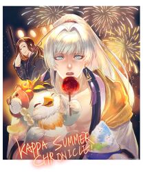 Rule 34 | 2boys, animal, blonde hair, blue eyes, blush, brown hair, cassius (granblue fantasy), cassius (yukata) (granblue fantasy), closed eyes, closed mouth, earrings, english text, fireworks, food, granblue fantasy, holding, holding food, japanese clothes, jewelry, kimono, kyuta (granblue fantasy), long hair, male focus, mask, mask on head, multiple boys, night, night sky, official alternate costume, open mouth, outdoors, ponytail, quetzalliao, siegfried (granblue fantasy), siegfried (yukata) (granblue fantasy), sky, smile, yukata