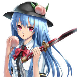 Rule 34 | 1girl, :o, bad id, bad pixiv id, blue hair, bow, female focus, food, fruit, hat, hinanawi tenshi, holding, long hair, looking at viewer, peach, red eyes, solo, sword, takemori shintarou, touhou, weapon