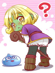 Rule 34 | 1girl, ?, bent over, between legs, black pantyhose, blonde hair, blush, bob cut, boots, brown footwear, colored skin, creature, curly hair, dragon quest, dragon quest x, dress, dwarf (dq10), eyebrows, eyelashes, from behind, full body, green skin, holding, holding staff, kneepits, legs apart, long sleeves, looking at viewer, looking back, nekomura otako, pantyhose, parted lips, purple dress, puzzle &amp; dragons, shadow, short hair, short sleeves, shorts, shorts under dress, slime (dragon quest), solo, staff, standing, tareme, thick eyebrows, white shorts, yellow eyes