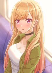 Rule 34 | 1girl, absurdres, black choker, blonde hair, blush, breasts, choker, cleavage, ear piercing, earrings, gradient hair, green jacket, highres, jacket, jewelry, kitagawa marin, large breasts, long hair, medium breasts, multicolored hair, open clothes, open jacket, open mouth, orange hair, piercing, pink eyes, shirt, simoumi 217, solo, sono bisque doll wa koi wo suru, swept bangs, white shirt