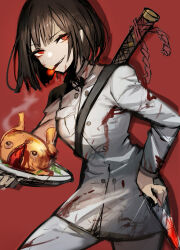 Rule 34 | 1girl, black hair, blood, blood on clothes, bongy (project moon), buttons, chef, chicken (food), chuhaibane, cigarette, food, highres, holding, holding plate, jacket, katana, limbus company, long sleeves, looking at viewer, pants, parted lips, plate, project moon, red background, red eyes, ryoshu (project moon), sheath, sheathed, short hair, simple background, smile, solo, sword, weapon, white jacket, white pants