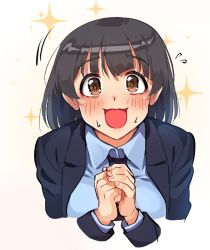 Rule 34 | alternate breast size, black hair, blazer, blue shirt, blush, breasts, brown eyes, idolmaster, idolmaster million live!, jacket, kamille (vcx68), large breasts, looking at viewer, nakatani iku, necktie, aged up, own hands together, shirt, smile, solo, sparkle background, sparkling eyes, sweatdrop