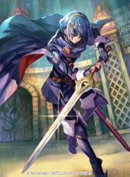 Rule 34 | 1girl, bad google+ id, bad id, blue hair, cape, copyright name, fingerless gloves, fire emblem, fire emblem awakening, fire emblem cipher, fuzichoco, gloves, holding, holding weapon, jewelry, long hair, lucina (fire emblem), marth (fire emblem awakening), mask, nintendo, official art, solo, sword, thighhighs, tiara, weapon
