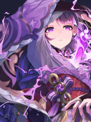 Rule 34 | 1girl, arm above head, between breasts, black gloves, bow, braid, breasts, choker, commentary, electricity, genshin impact, gloves, highres, holding, holding sword, holding weapon, human scabbard, japanese clothes, kimono, long hair, looking at viewer, mole, mole under eye, nail polish, obi, parted lips, partially fingerless gloves, purple bow, purple eyes, purple hair, purple kimono, purple nails, raiden shogun, ribbon, sash, single braid, solo, sorano eika, sword, tomoe (symbol), upper body, vision (genshin impact), weapon