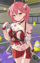 Rule 34 | 1girl, 35p (sakura miko), absurdres, ahoge, arm behind back, arm strap, bare shoulders, bell, black choker, bottle, breasts, choker, cleavage, closed mouth, commentary request, crop top, green eyes, groin, hair ornament, hair ribbon, hand up, highres, holding, holding bottle, hololive, indoors, iroha (unyun), jingle bell, large breasts, looking at viewer, medium hair, midriff, navel, neck bell, nintendo, paint, paint on body, pink hair, pom pom (clothes), pom pom hair ornament, pulling own clothes, raised eyebrows, red shorts, ribbon, sakura miko, sakura miko (work), short shorts, shorts, smile, solo focus, splatoon (series), strap pull, two side up, virtual youtuber