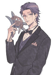 Rule 34 | 1boy, arm at side, artist name, black bow, black bowtie, bow, bowtie, flower, formal, glasses, grey hair, highres, holding, holding flower, hypnosis mic, looking at viewer, male focus, pocket square, purple eyes, purple hair, simple background, suit, tsutsujimori rosho, upper body, vest, white background, zattacafe