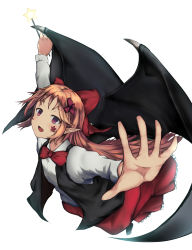 Rule 34 | 1girl, :d, bat wings, black vest, black wings, bow, collared shirt, dress shirt, elis (touhou), foreshortening, frilled skirt, frills, hair bow, highres, holding, holding wand, kurowa (curowa), light brown hair, long hair, long sleeves, looking at viewer, open mouth, outstretched arms, outstretched hand, red bow, red eyes, red skirt, shirt, skirt, smile, solo, star (symbol), touhou, touhou (pc-98), vest, wand, white background, white shirt, wings