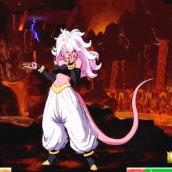 Rule 34 | 1girl, android 21, animated, animated gif, bracelet, breasts, cleavage, closed eyes, colored skin, detached sleeves, doughnut, dragon ball, dragon ball fighterz, earrings, eating, electricity, embers, energy, female focus, food, foodgasm, full body, happy, harem pants, hot, jewelry, large breasts, lightning, long hair, long tail, lowres, majin android 21, meteor, midriff, lava, monster girl, multicolored hair, navel, necklace, night, overcast, pants, pink hair, pink skin, revealing clothes, shaking, sky, smile, solo, storm, strapless, tail, tube top, two-tone hair, very long tail, volcano, white hair